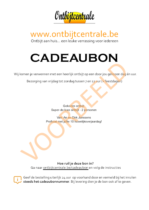 Cadeaubon Ontbijt aan huis